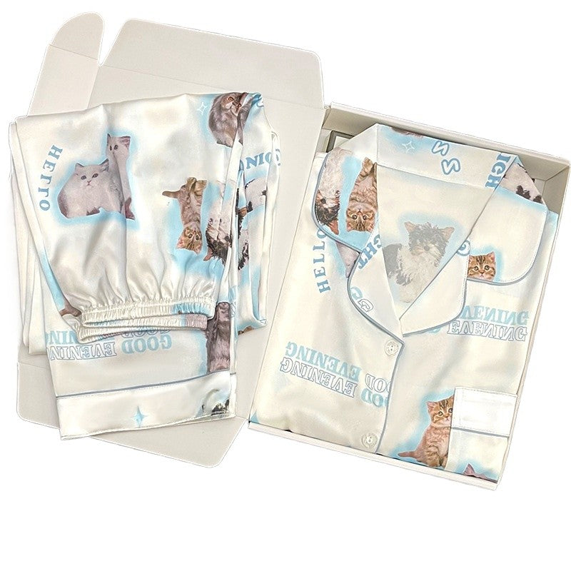 Romantic Women Nightwear Cute Cat Print Short Sleeve Shorts Thin Pajamas Women Cardigan Breathable Student Homewear 2 Piece Set