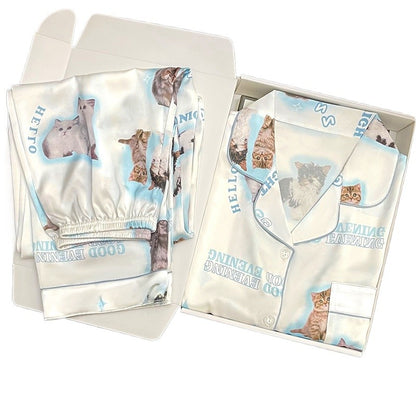 Romantic Women Nightwear Cute Cat Print Short Sleeve Shorts Thin Pajamas Women Cardigan Breathable Student Homewear 2 Piece Set