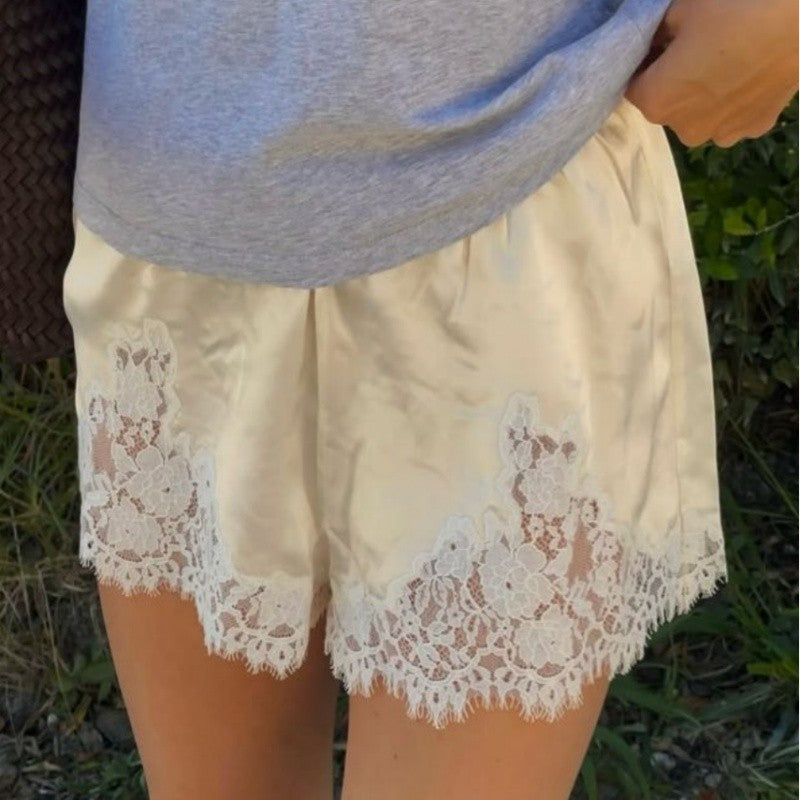 Women Y2k Slik Lace Trim Shorts Stain Pajama Micro Mini Slip Boxer Shorts Low Rise Lounge Pj Bottoms Pettipants Streetwear