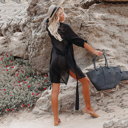 Beach Shirts Bikini Cover Ups for Women Self Belted Kimono Dress Elegant Swimsuit Covers Holiday Bathing Suits Beachwear