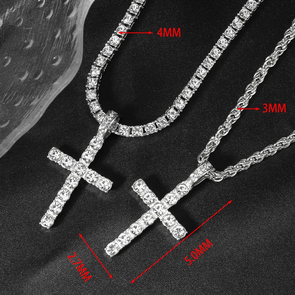 Colar com Pingente de Cruz Iced Out Hip Hop Alça Corrente de Tênis de Zircônia de 4mm Masculino Feminino Colar Brilhante Joia Punk Presente de Moda