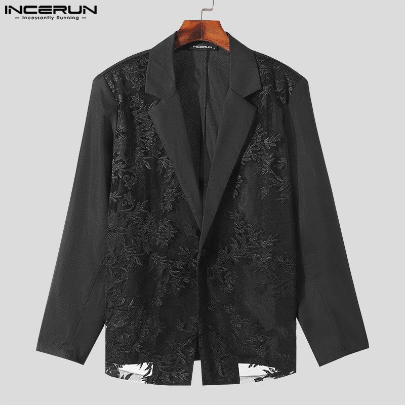 INCERUN Men Blazer Mesh Patchwork Lace Transparent Lapel Long Sleeve Casual Suits Men Streetwear 2024 One Button Fashion Coats