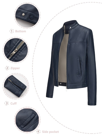 Black Women's Fitted Leather Jacket with Front Zipper & Side Pockets?, Available in Brown, Navy Blue, and Beige.