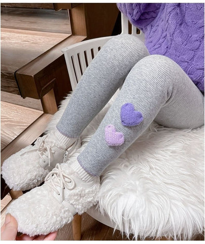 1-6Y Fleece Lined Leggings for Girls Winter Warm Bear Patch Elastic Pants Soft Kids Trousers Teenage Girls Clothing