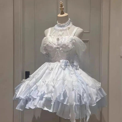 Summer Japanese Style Kawaii Lolita Dress Women Party Vintage Sweet Lace Bow Birthdays Cake Dresses Harajuku Y2k Bandage Dress