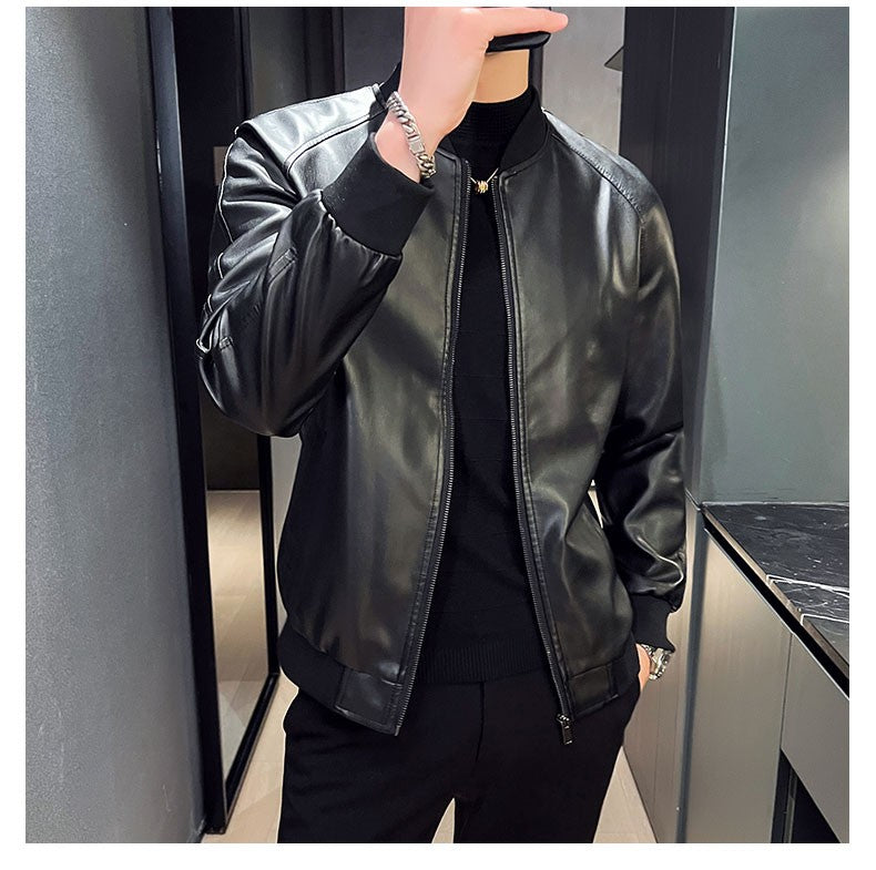 Men SprAutumn Thin Style Motorcycle Leather Jacket Fashionable Motorcycle Leather Jacket Fabric Soft Version Slim Simple Coat