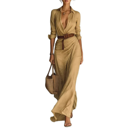 2025 Buttons Draped Chic Party Dress Spring Autumn Women Turn Down Collar Simple Maxi Dress Long Sleeve Elegant Ladies Dress