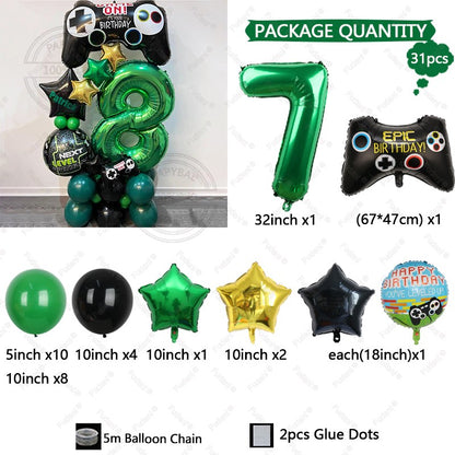 31pcs Gamepad Theme Balloon Green Number Birthday Balloon Set Game Theme Party Decoration Birthday Surprise Gifts