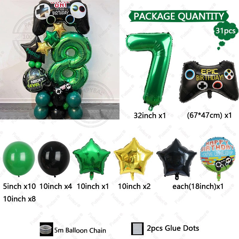 31pcs Gamepad Theme Balloon Green Number Birthday Balloon Set Game Theme Party Decoration Birthday Surprise Gifts