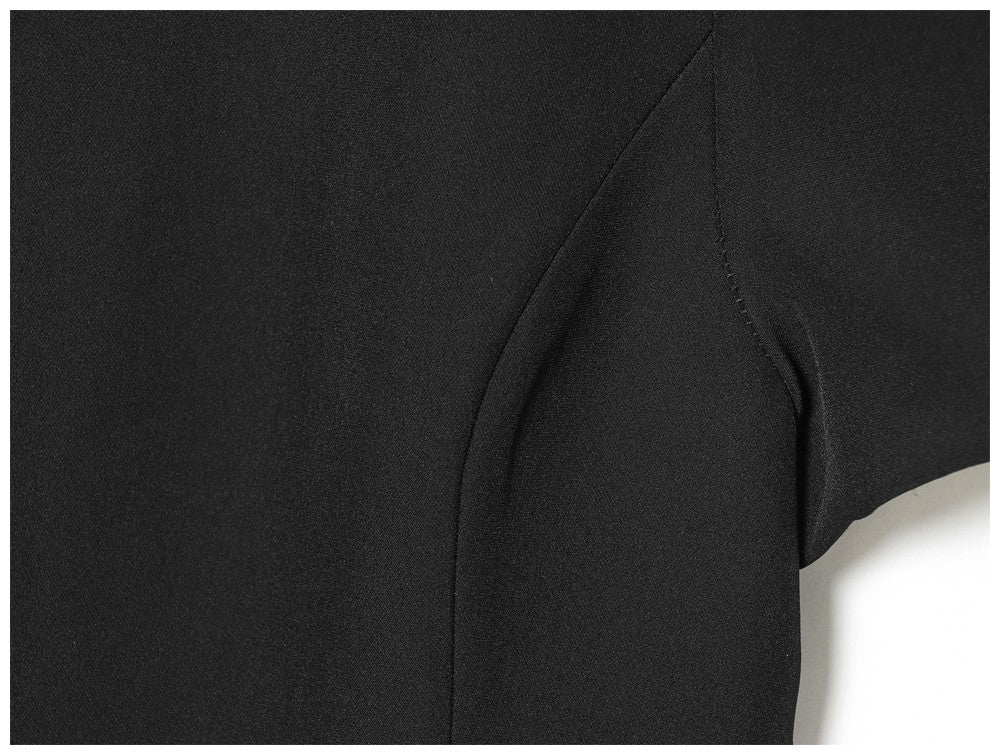 Women's black short puff sleeve mini dress with a stylish boat neckline design and pocket details, suitable for elegant occasion