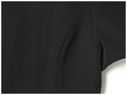 Women's black short puff sleeve mini dress with a stylish boat neckline design and pocket details, suitable for elegant occasion