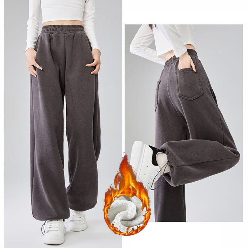 Winter Lady Snow Warm Thin Straight Leg Pants Girls Classic Daily Plush Trousers Women High Waist Thermal Fleece Pants