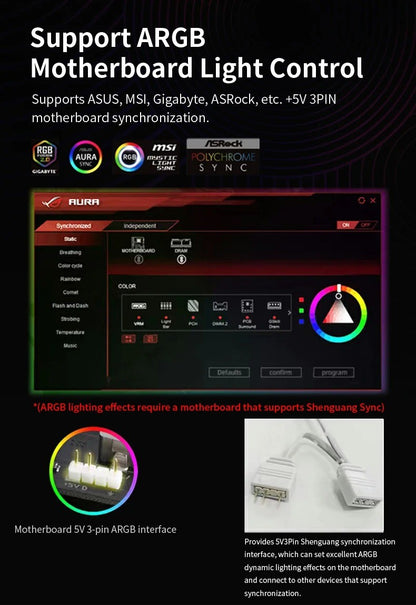 TEUCER JM-5 Case Fan 120mm 5V 3Pin ARGB Mirror Light Effect Cooling Fan PWM 800 to 2000RPM CD Texture Water Cooling Radiator Fan