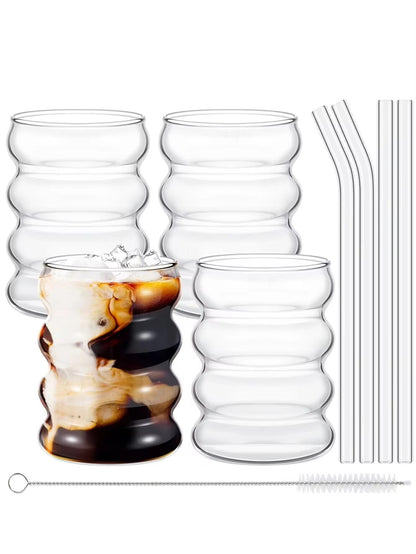 2/4 PEÇAS Copos de Vidro Ondulados para Bebidas com Canudos Copos de Vidro Vintage Ondulados para Vinho Champanhe Leite Café