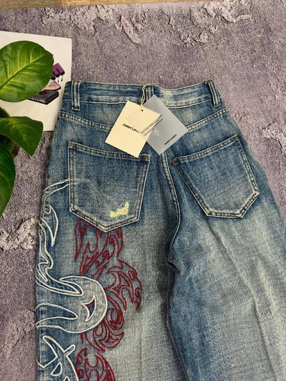 Calça Jeans Larga Y2K Masculina Americana com Bordado e Novo Padrão, Estilo High Street Vintage Hip Hop Moda Casual Joker para Casais