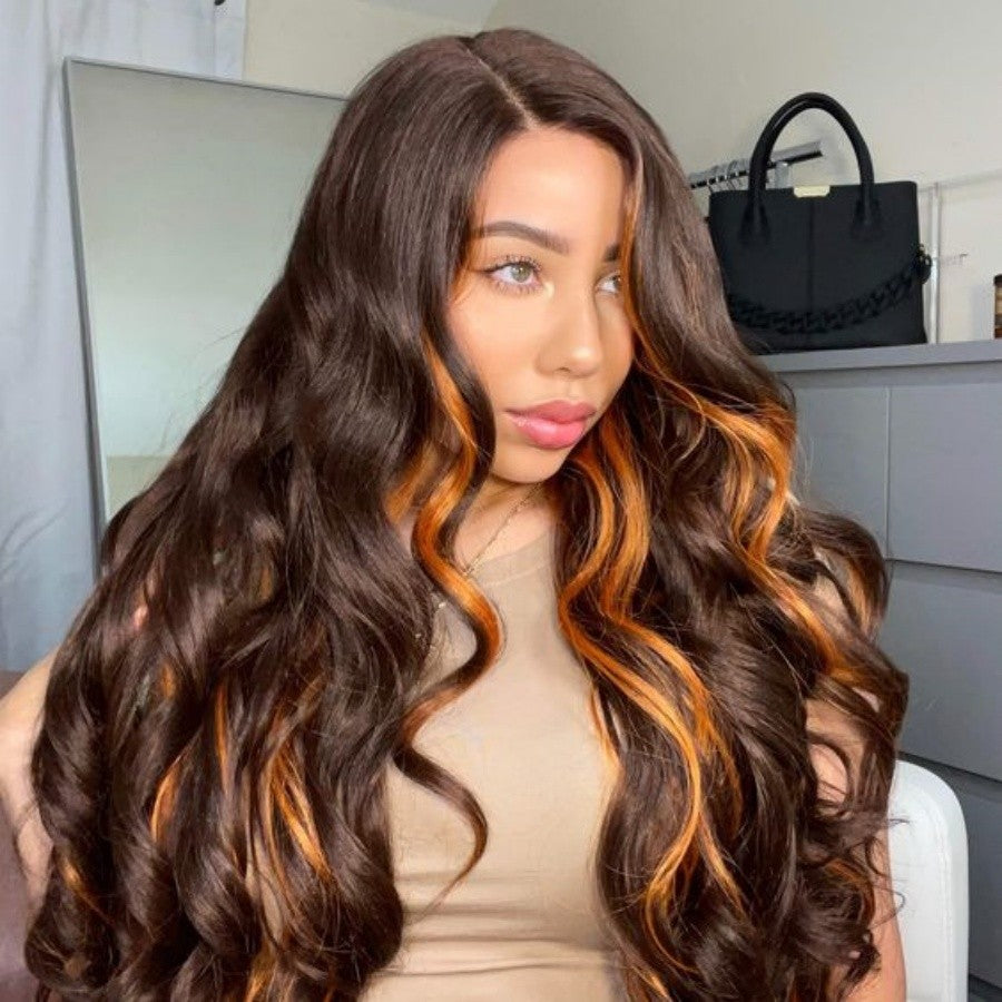 Peruca frontal de renda 13X6 preta com destaque loiro vermelho peruca sintética 13x4 pré-selecionada com linha do cabelo peruca frontal de renda feminina