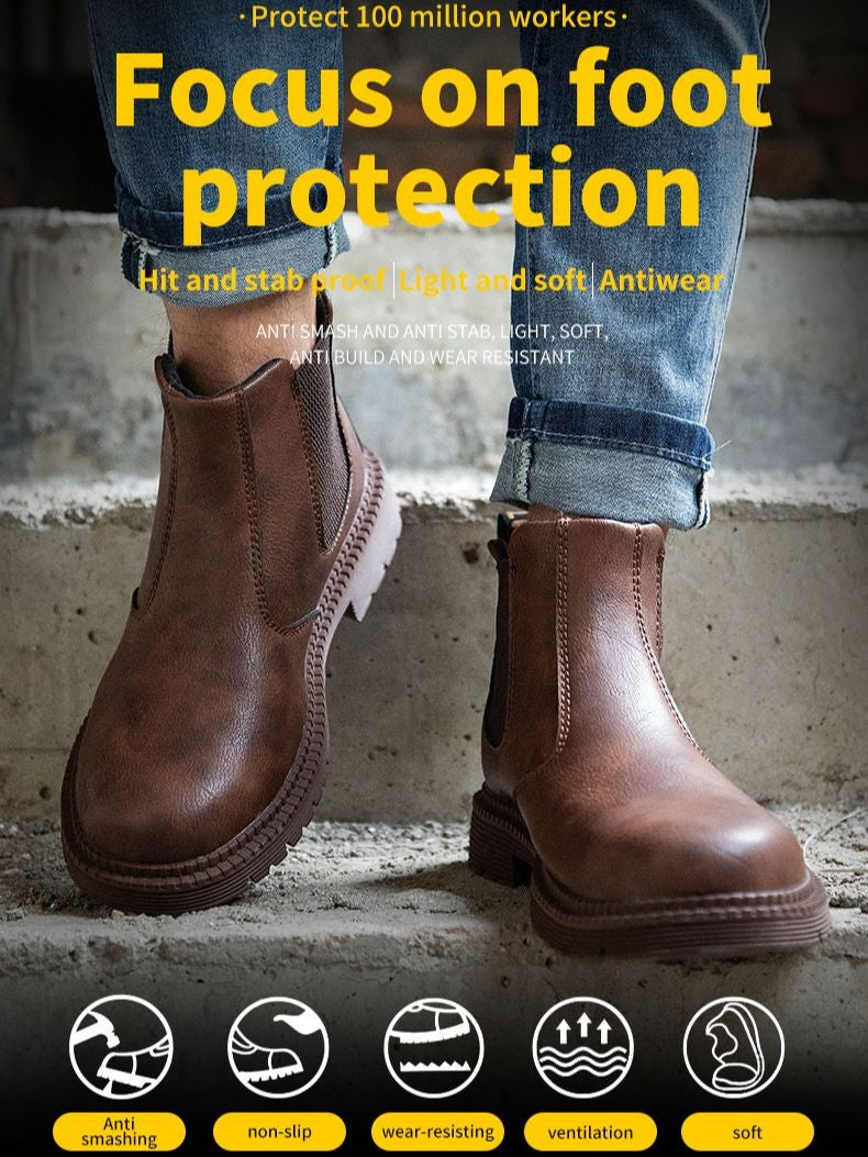 Sapatos de Segurança Impermeáveis Masculinos com Biqueira de Aço Botas de Couro Calçado Masculino Sapatos de Trabalho Indestrutíveis para Construção Marrom