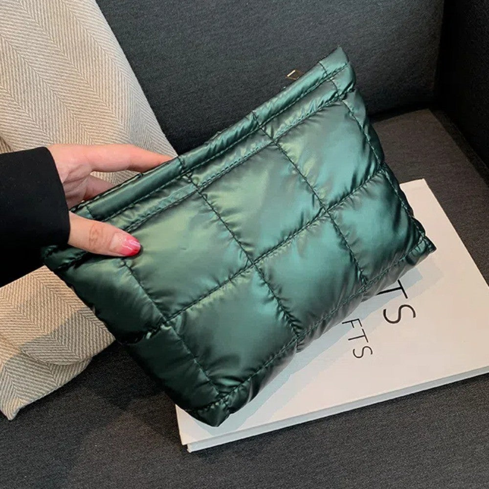 Cotton Filled Puffer Pouch Large Capacity Storage Purse Puffer Padded Makeup Bag Sewn Waterproof Thick Plaid Clutch Bag Daily