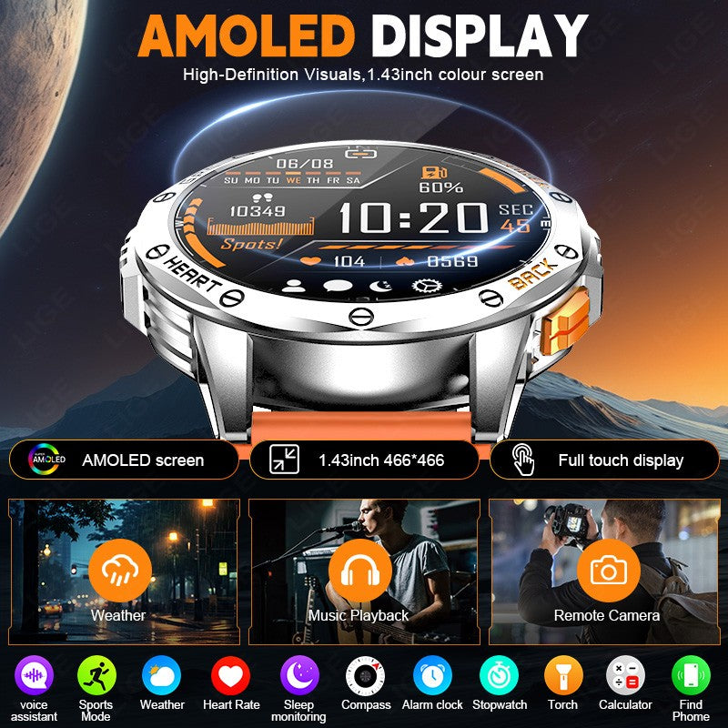 Smartwatch LIGE Novo para Esportes ao Ar Livre com GPS, Bússola, Tela AMOLED de 1.43", Bateria de 530mAh, Monitor Cardíaco, Chamadas Bluetooth e À Prova D'Água