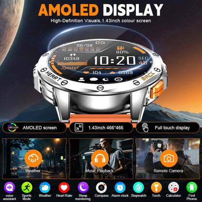 Smartwatch LIGE Novo para Esportes ao Ar Livre com GPS, Bússola, Tela AMOLED de 1.43", Bateria de 530mAh, Monitor Cardíaco, Chamadas Bluetooth e À Prova D'Água