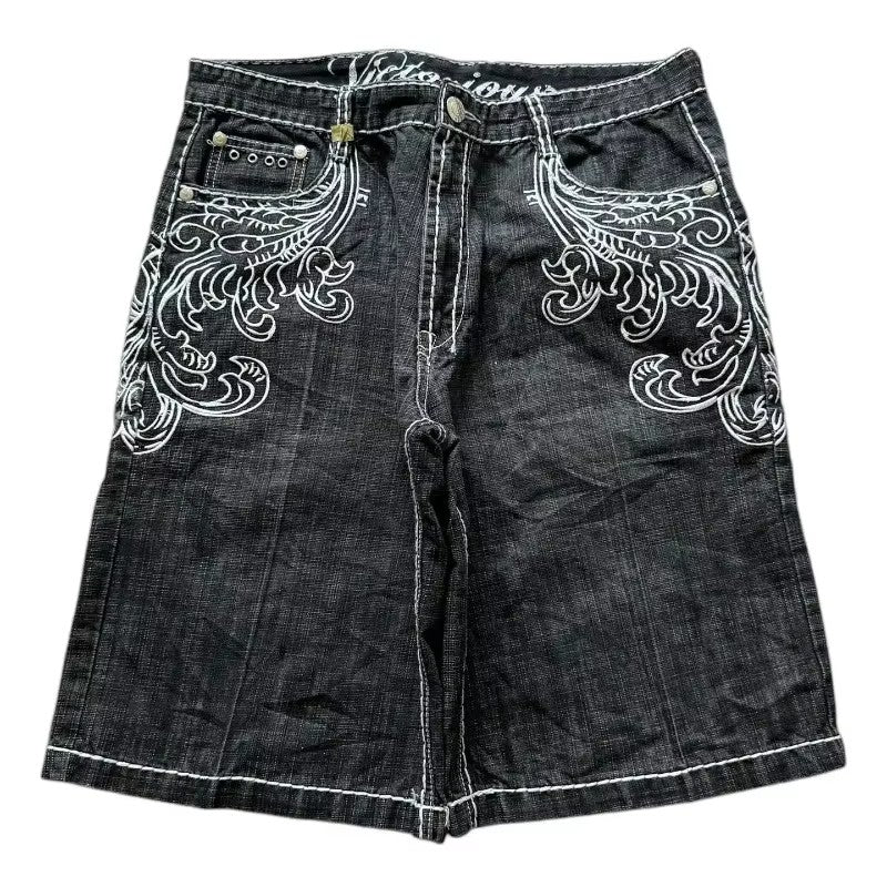American Fashion Hip Hop Embroidered Denim Shorts Men Street Y2K New Casual Vintage Loose Jeans Unisex Harajuku Punk Rock Shorts