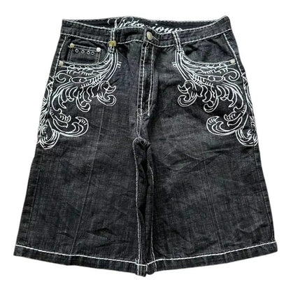 American Fashion Hip Hop Embroidered Denim Shorts Men Street Y2K New Casual Vintage Loose Jeans Unisex Harajuku Punk Rock Shorts