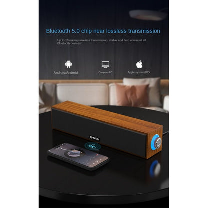 Nova Barra de Som de Madeira com Fio USB e Bluetooth Duplos para Notebook, Computador, Mesa, Graves Potentes