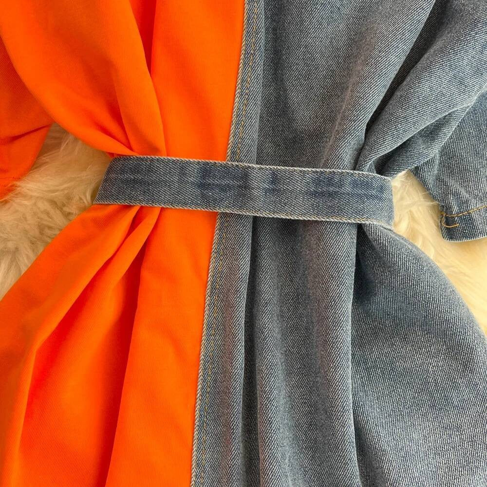 XFPV Women's Sweet high Waist Wrap Belt Round Neck patchwork Denim Shirt  Chic Top Y2k Korean Fashion Spring Summer 2025 SM11327