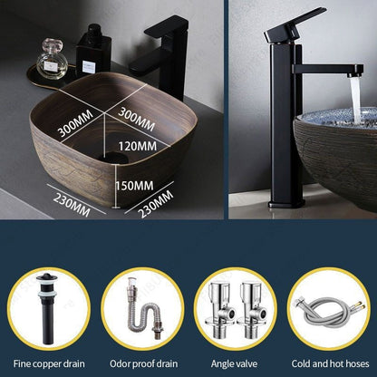 Cuba de Cerâmica Marrom para Lavatório de Banheiro Oval Artística para Mesa de Banheiro, Bacia de Lavar Roupa para Varanda, Bacia de Pedestal Acima do Balcão