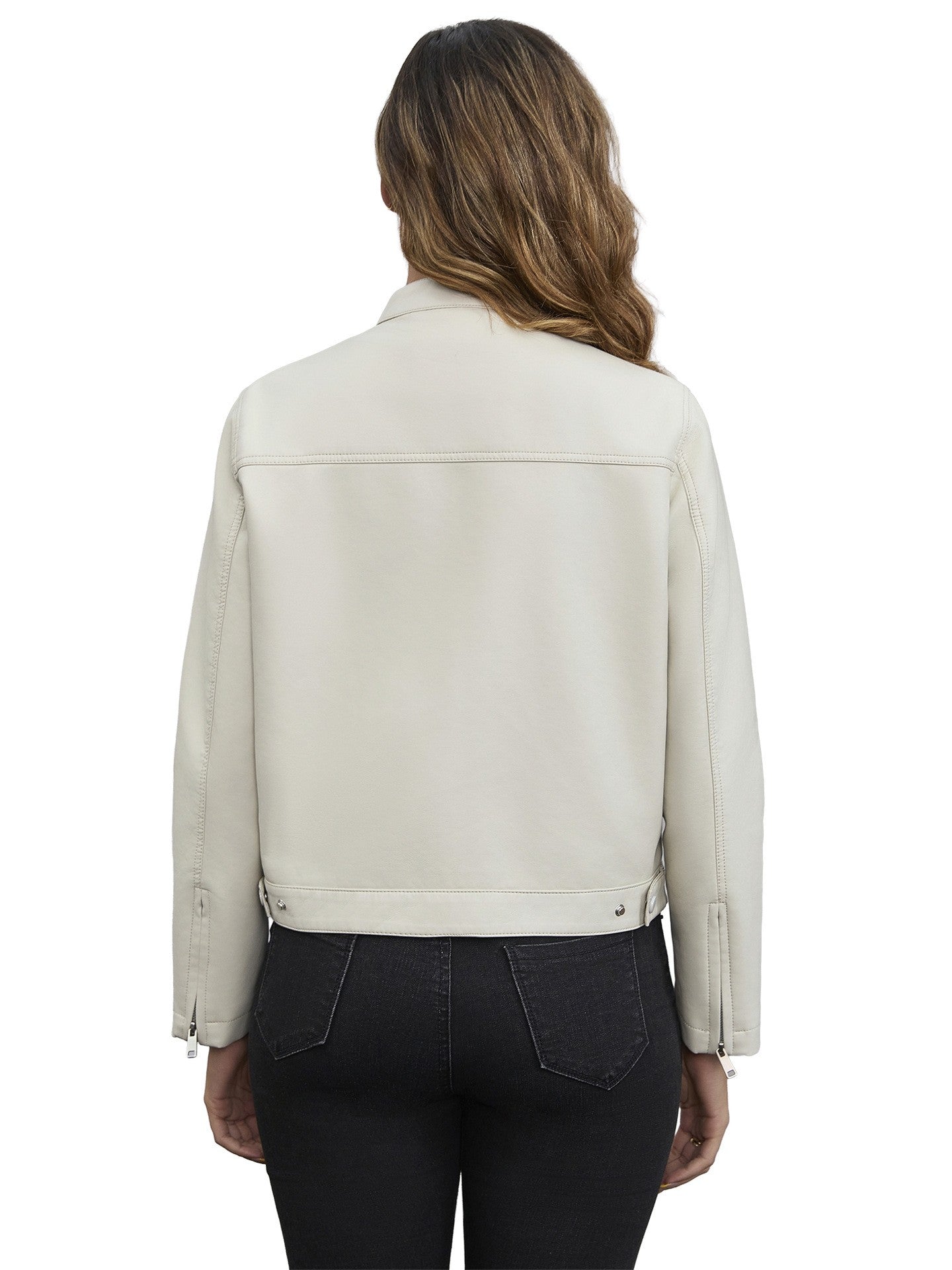 Black Women's Fitted Leather Jacket with Front Zipper & Side Pockets?, Available in Brown, Navy Blue, and Beige.