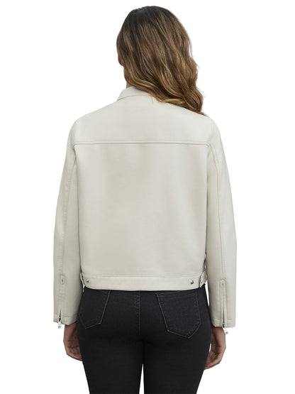 Black Women's Fitted Leather Jacket with Front Zipper & Side Pockets?, Available in Brown, Navy Blue, and Beige.