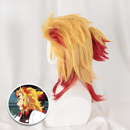 Demon Slayer Rengoku Kyoujurou Peruca Cosplay Amarelo Vermelho Sintética Curta Cacheada Peruca Anime Coser Alta Qualidade Peruca Festa Diária