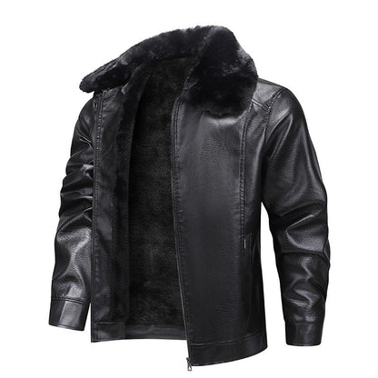 Winter Men Fleece Motor Biker Leather Jacket Man Lapel Thick Outwear Leather Coat Man Vintage Formal Fashion Leather Windbreaker