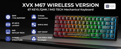 Teclado Mecânico XVX M67 JadeStone com Teclas IMD-Tech Hot Swappable Design Gasket Teclado com Retroiluminação RGB Personalizada Tri-Modo