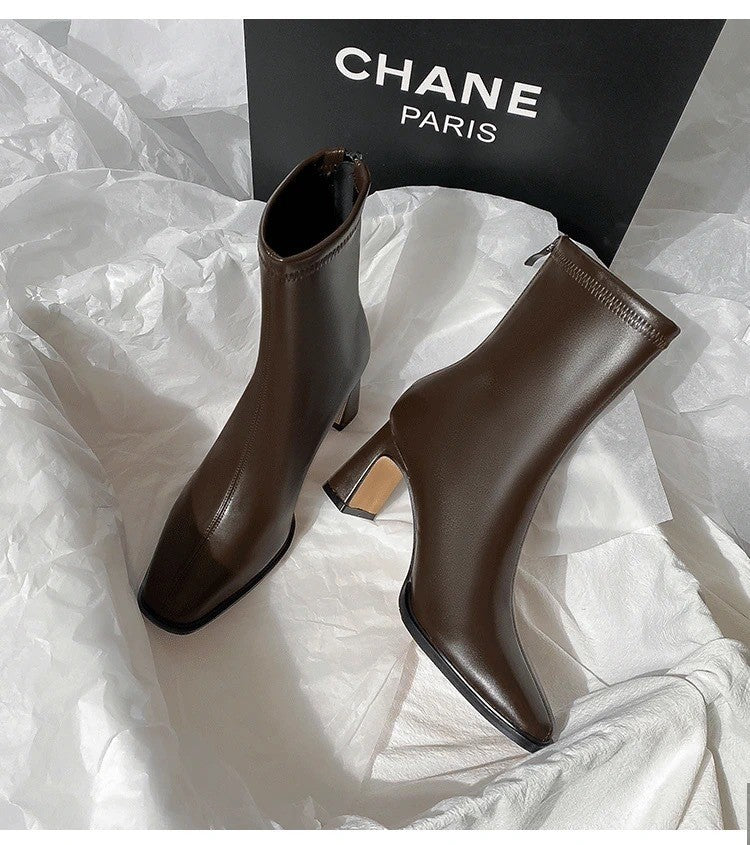 Autumn and Winter New Brown Short Boots with Velvet Coarse Heel French Ankle Boots and Back Zipper Square Head Boots