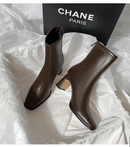 Autumn and Winter New Brown Short Boots with Velvet Coarse Heel French Ankle Boots and Back Zipper Square Head Boots