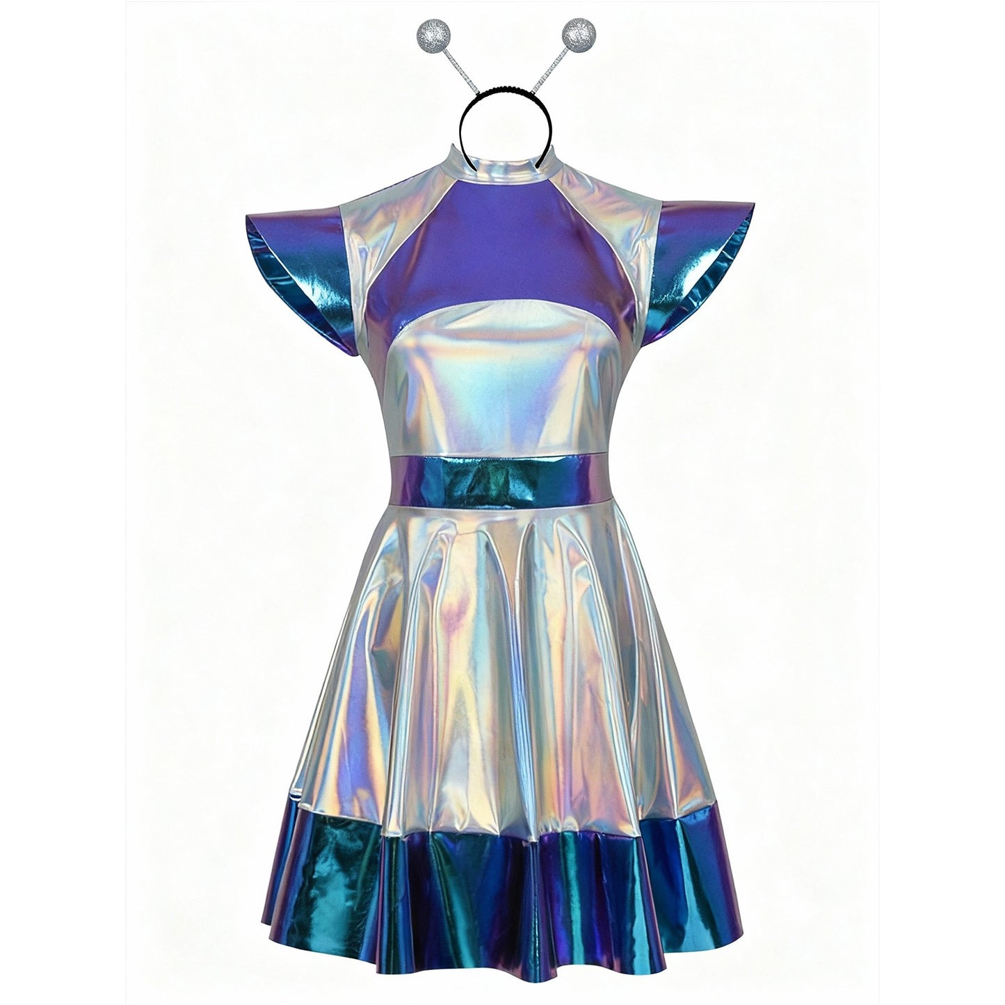 Toddler Baby Girls Alien Costume Dress Kids Shiny Metallic Space Themed Party Dress with Headband Glasses for Halloween Cosplay