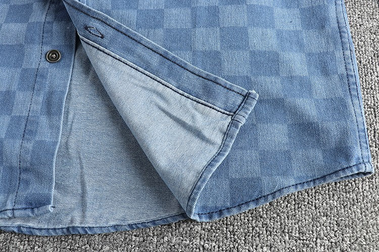 Spring Japanese Retro Long Sleeve Lapel Denim Plaid Cargo Shirts Men's High Street 100% Cotton Washed Loose Casual Thin Jacket