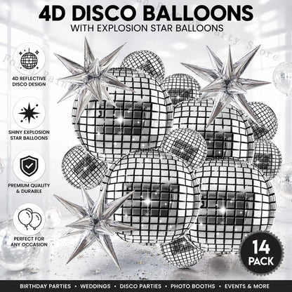 10/22inch 4D Silver Disco Ball Explosion Star Balloon Metallic Disco Balloon Set for Disco Party Wedding Birthday Party Decor