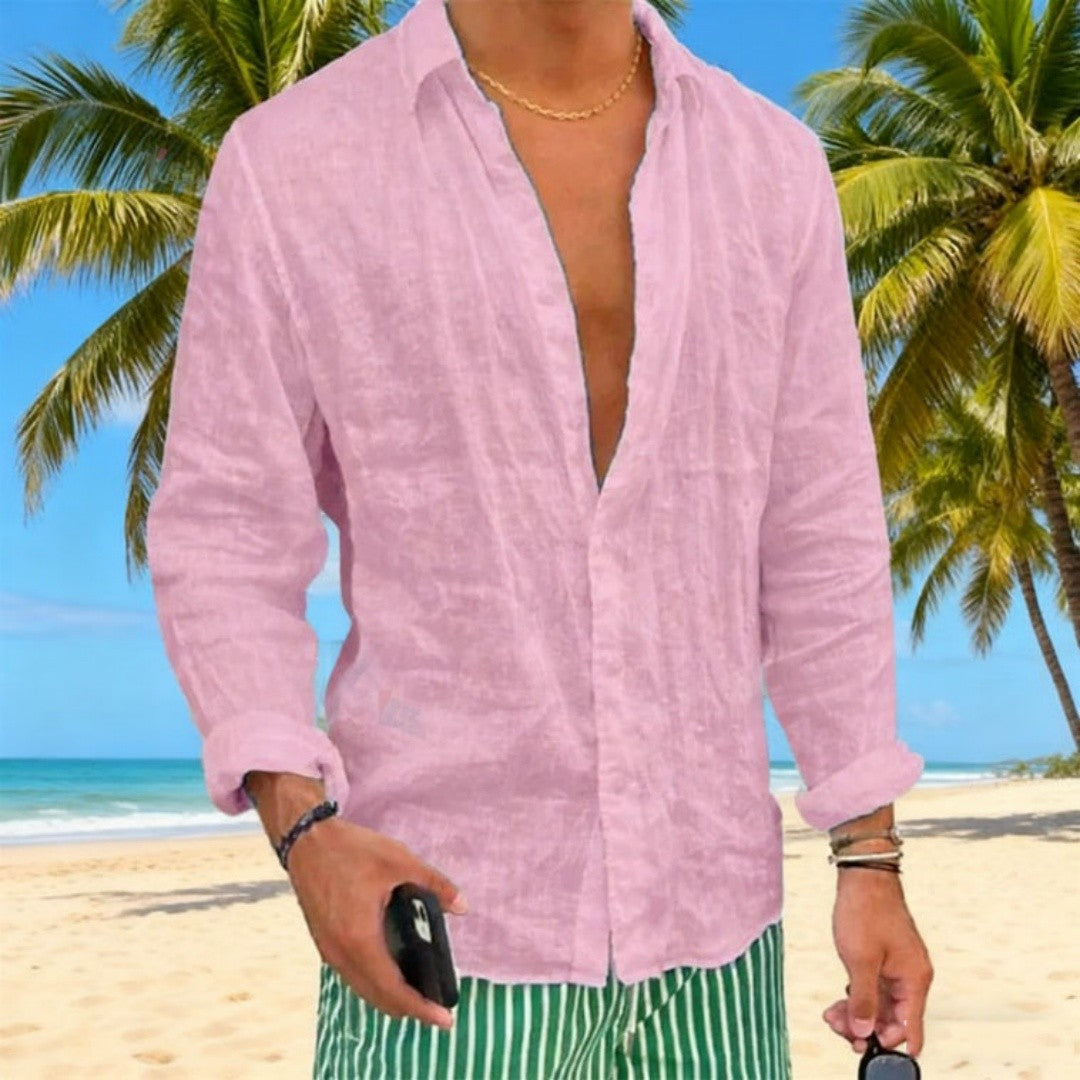 Men's Slim Fit Cotton Linen Shirt Casual Long Sleeve Solid Color Lapel Breathable Button Top for Spring Autumn