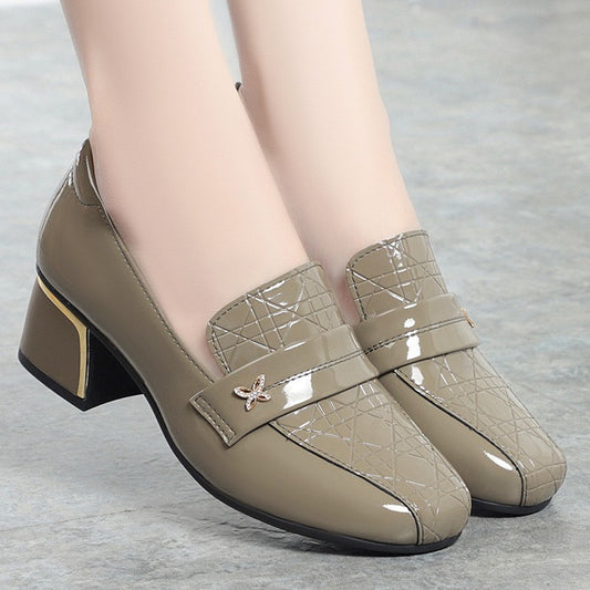 4.5cm British Style Deep Mouth Block Heels Shoes Women Loafers Bright Leather 2024 Spring Soft Leather Shoes for Office Mom