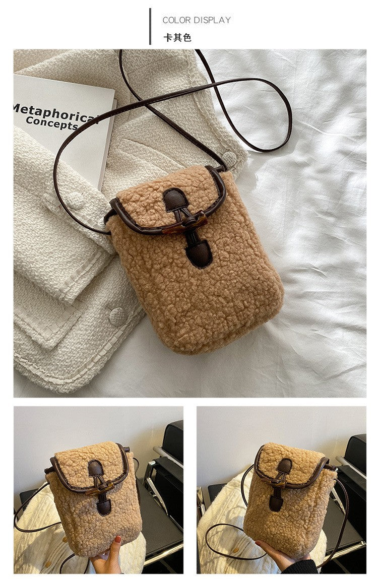 Fashion Winter Lambswool Phone Bag Sweet Lovely Portable Women Wallets Square Purse Faux Fur Plush Shoulder Bags Purses Handbags