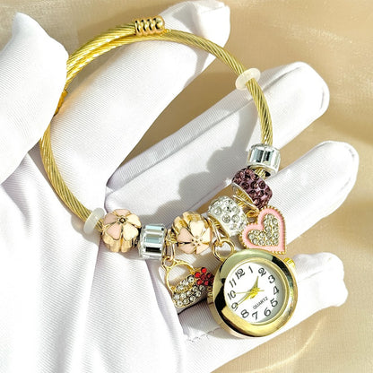 Cross-border Gold Bracelet Watch Adjustable opening Alloy bracelet Quartz Watch Beaded Small flower bracelet Watch