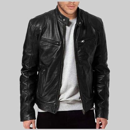 Fashionable Men's Stand Collar Slimming Leather Jacket Zipper Pocket Decorative Pu Leather Motorcycle Coat