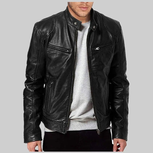 Fashionable Men's Stand Collar Slimming Leather Jacket Zipper Pocket Decorative Pu Leather Motorcycle Coat