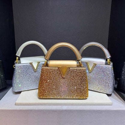 Luxury Brand Leather Diamond Handbag Rhinestone Shoulder Cross-body Tote Bags for Women Bolso Marca Lujo