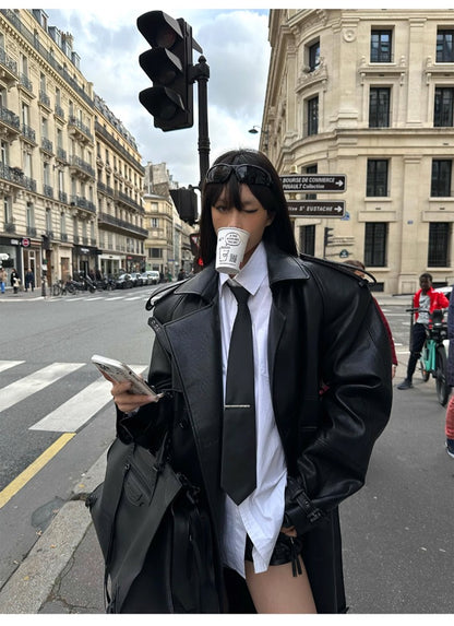 Lautaro Spring Autumn Extra Long Black Pu Leather Trench Coat for Women with Back High Slit Luxury Chic European Fashion 2024