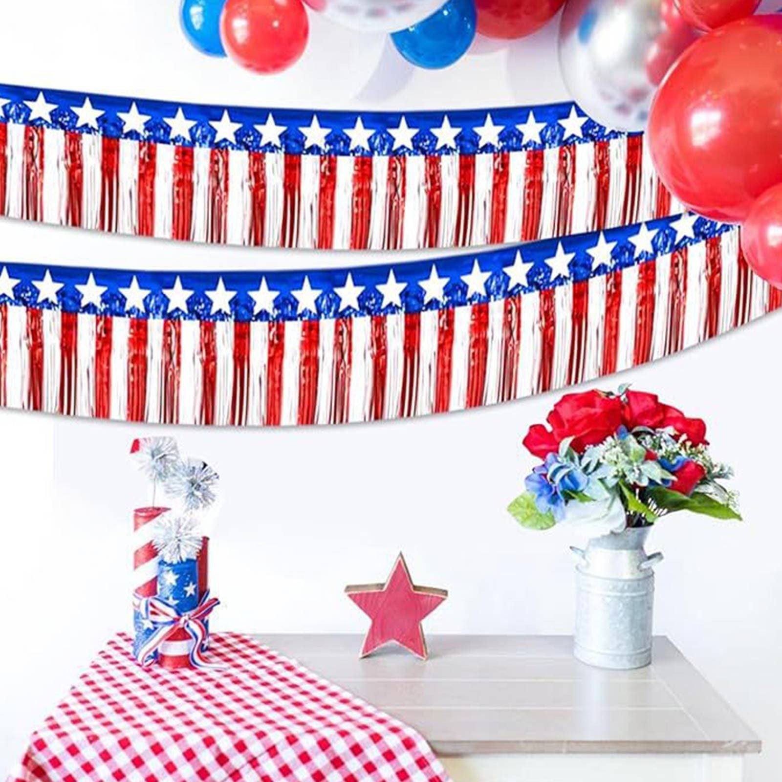 USA Flag Fringe Banner Tinsel Streamer Foil Tassel Garland For Independence Day Fourth Of July Indoor And Outdoor Decoration