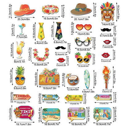 30Pcs Aloha Hawaiian Luau Photo Booth Props Tropical Tiki Aloha Summer Beach Pool Party Decorations Handheld Photography Props