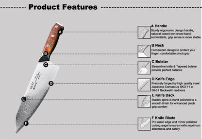Japanese SKD-11 Damascus Steel Multifunctional Gyuto Chef Kiritsuke Knife With Wood Handle Super Sharp Long Lasting